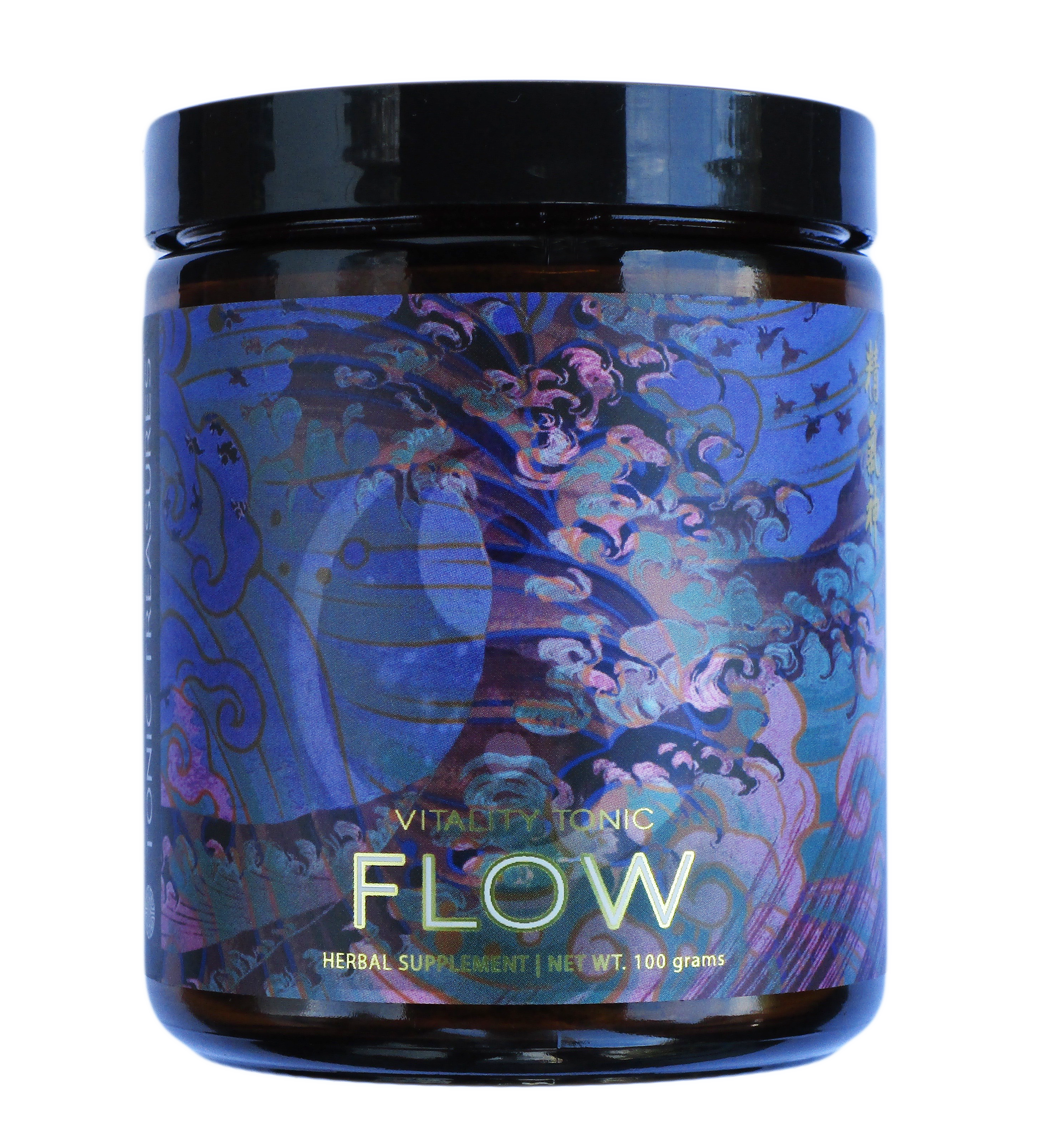 A jar of 'FLOW: Immune Support + Vitality Qi Nourisher' with a colorful, patterned label.