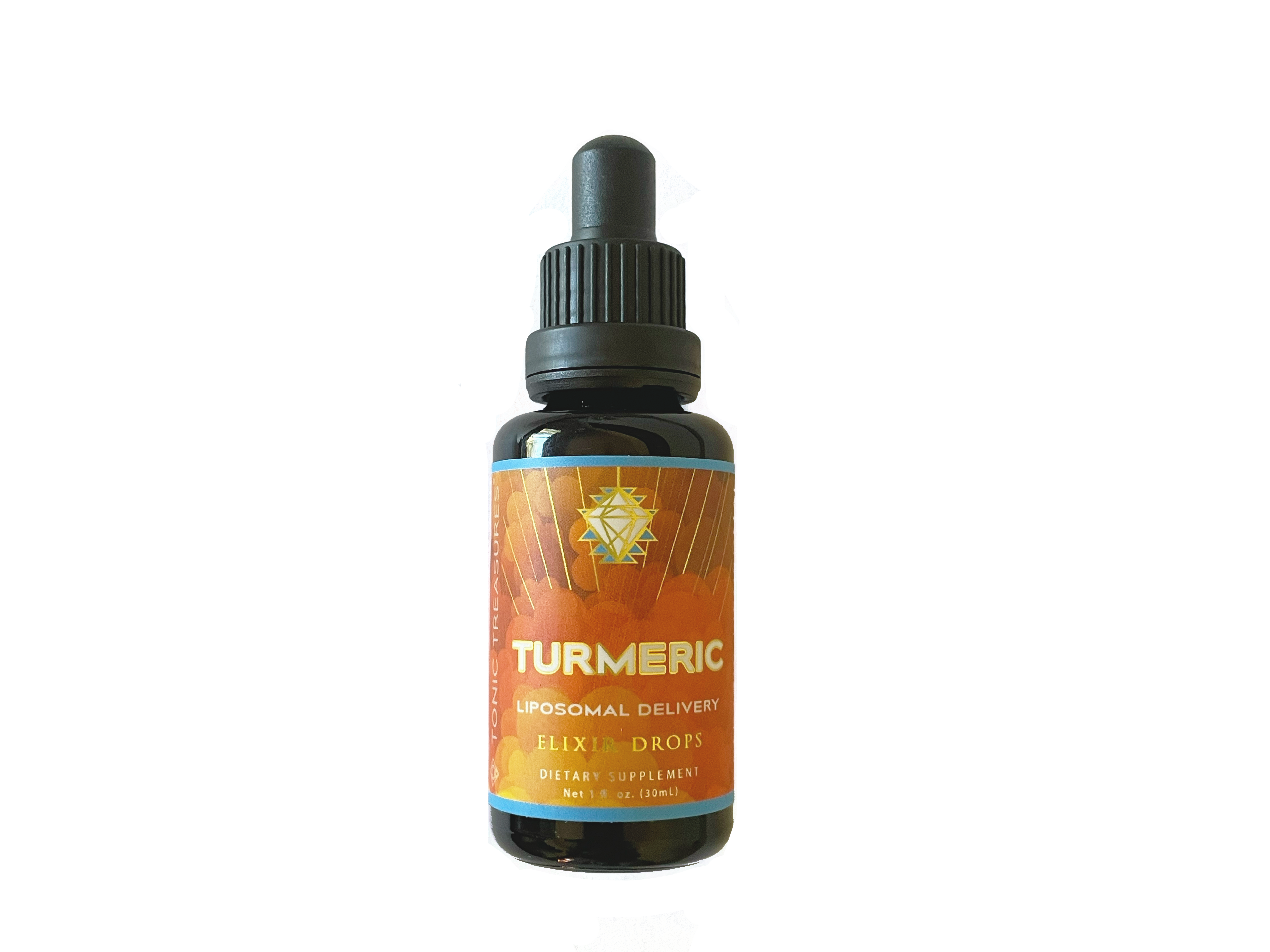 A bottle of TURMERIC Spagyric Liposomal Elixir Drops with a label showing the product name and an image of turmeric roots.