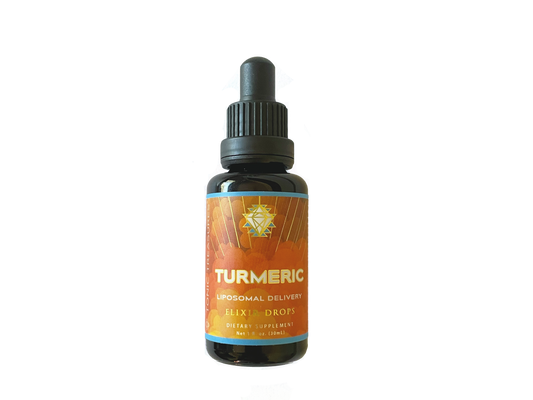 A bottle of TURMERIC Spagyric Liposomal Elixir Drops with a label showing the product name and an image of turmeric roots.
