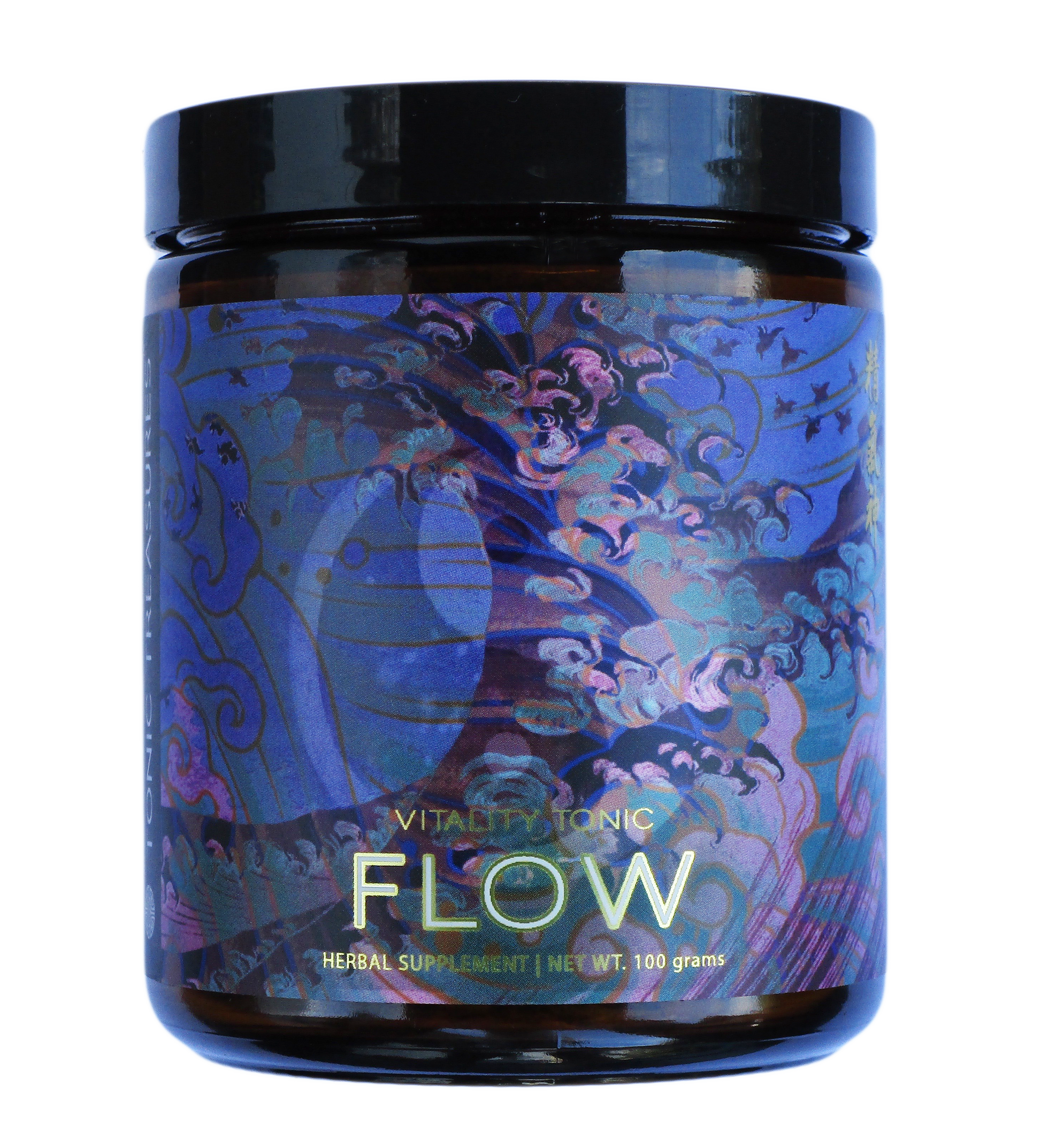 A jar of 'FLOW: Immune Support + Vitality Qi Nourisher' with a colorful, patterned label.