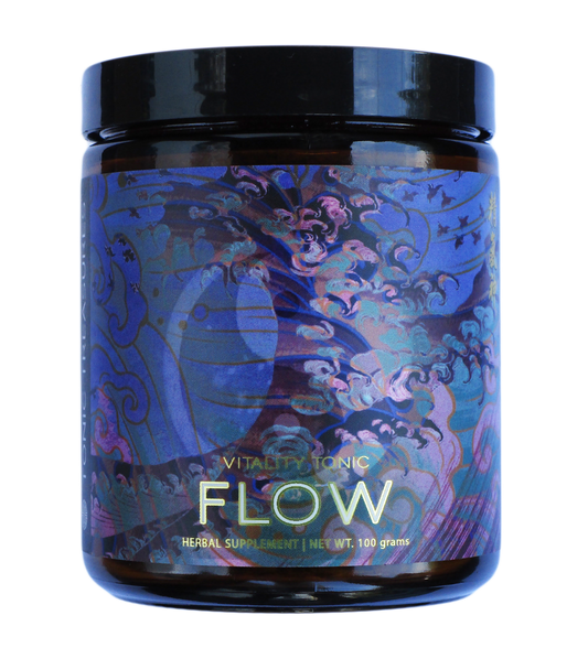 A jar of 'FLOW: Immune Support + Vitality Qi Nourisher' with a colorful, patterned label.