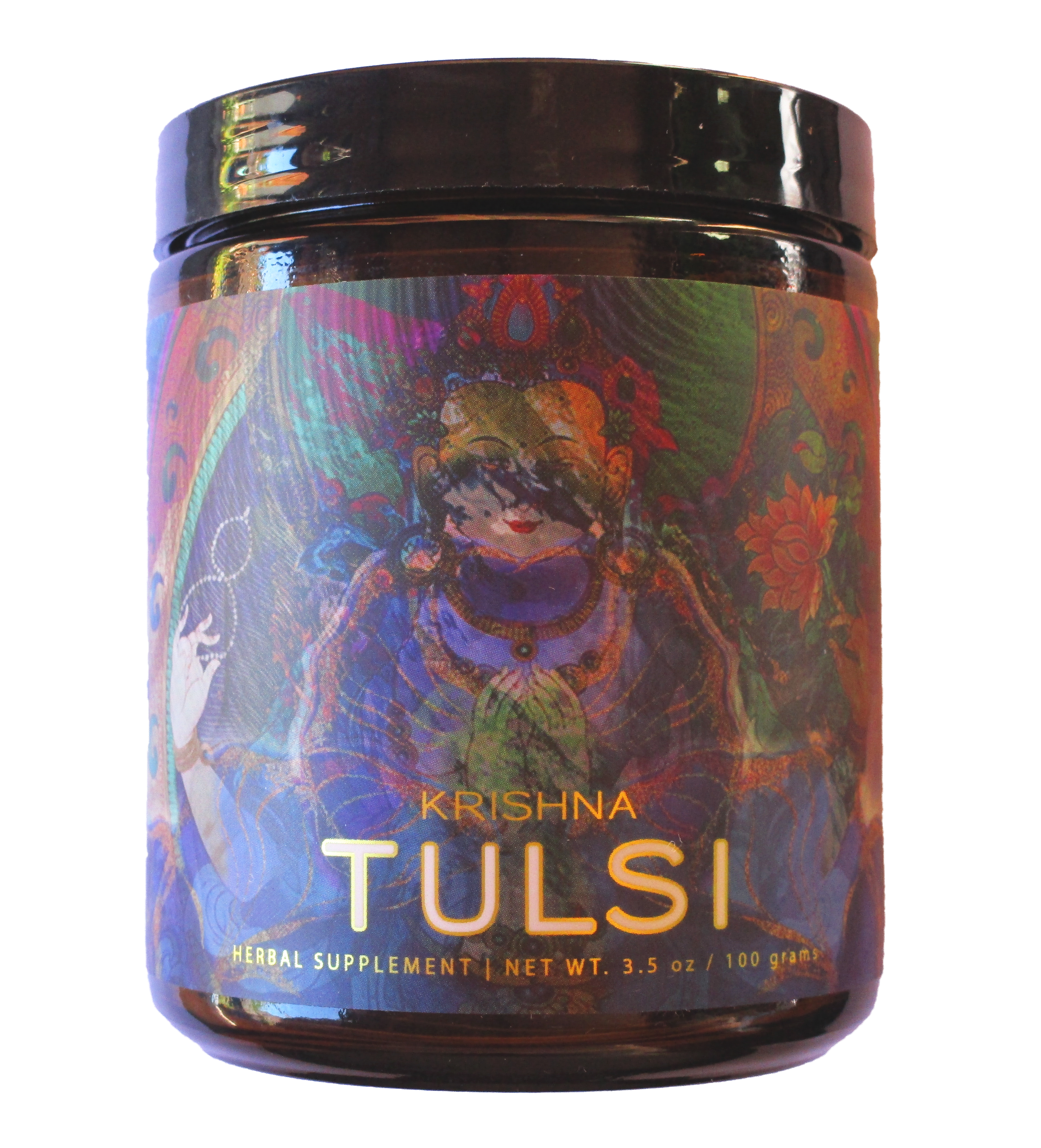 A container of Krishna Tulsi powder with a colorful label featuring artistic illustrations.